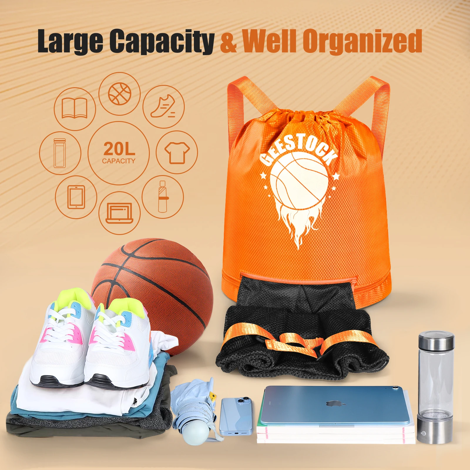 Picture 3: 20L Durable Orange Drawstring Gym Travel Storage Bag Women Sports Backpack for Basketball Football Running Outdoor Activities