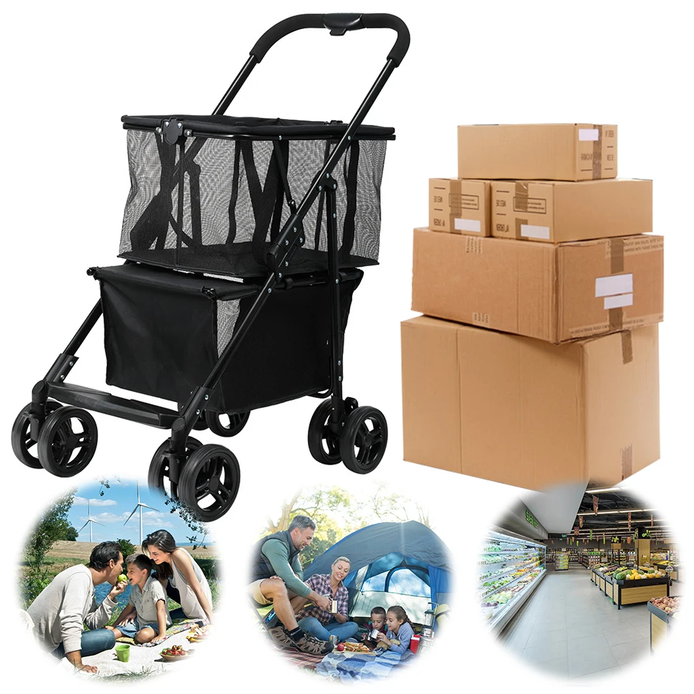 Foldable Shopping Cart Multifunctional Portable Shopping Cart Removable Basket Collapsible Grocery Cart for Laundry Camping