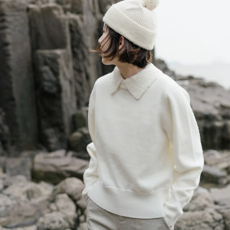 

Свитер Bluwhite 2aw из двухслойной вязки с воротником из меха, двухцветный, теплый, из полиэстера, однотонный, для повседневной носки