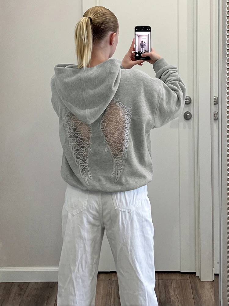Weird Puss Pullover mit Spitzen-Patchwork in Flügelform, Damen, Herbsttrend, Kapuze, lange Ärmel, rückenfrei, High-Street-Mode, Oberteile – Detail 30