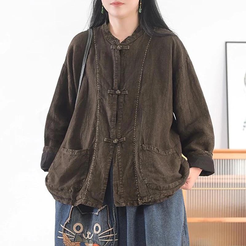 

Chinese Style Women Long Sleeve Linen Shirt New Arrival 2025 Autumn Vintage Stand Collar Loose Female Casual Tops Shirts T699