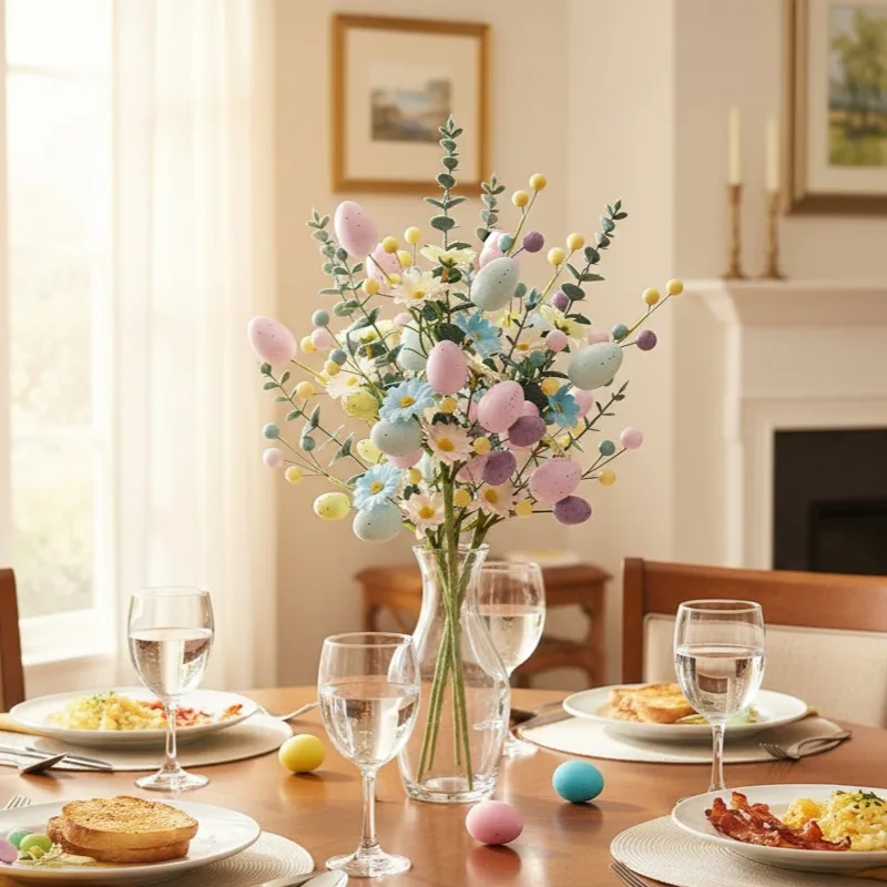 Frühlings-Tischdekoration, künstliche Beere, Eukalyptus-Stiele mit buntem Osterei-Picks, realistischer Akzent für Zuhause, Regal, Vase