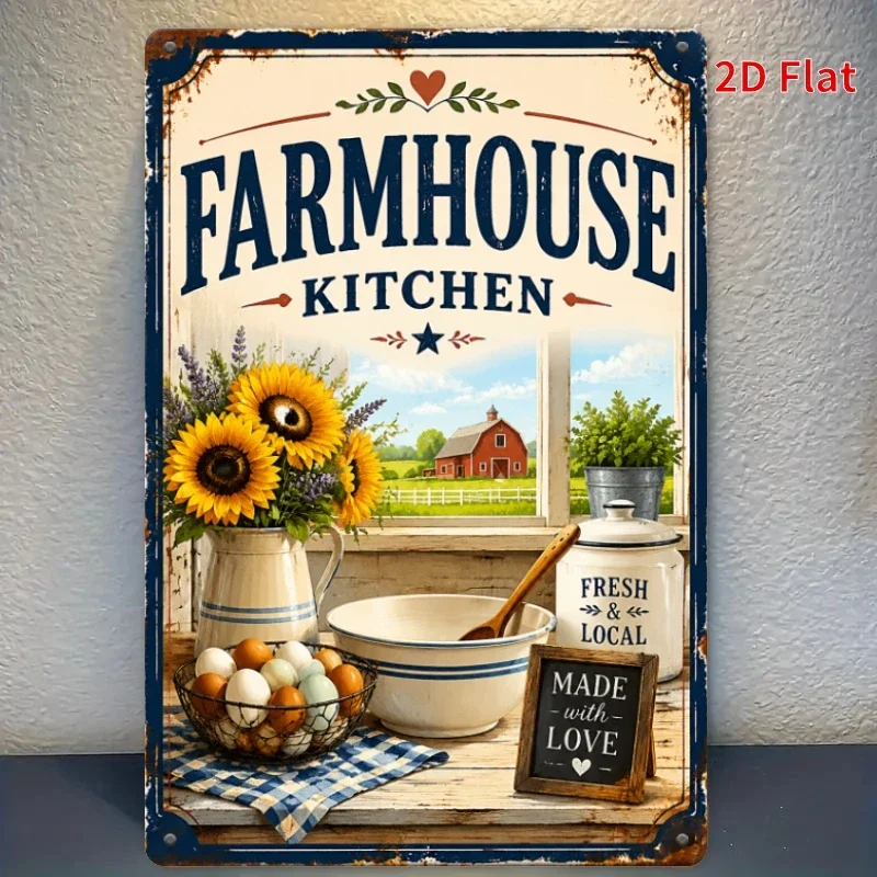 2D Flat - [2Dflat], 1pc 11.81X7.87inch Farmhouse Kitchen Tin Sign, Farmhouse Kitchen Sunflower Fresh Eggs Barn Metal Decorative