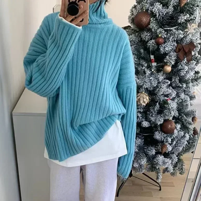 Turtleneck Solid Women Sweaters Knitted Loose Pullovers Full Sleeve Pleated Thick Warm Regular Casual Tops Autumn Winter 2023