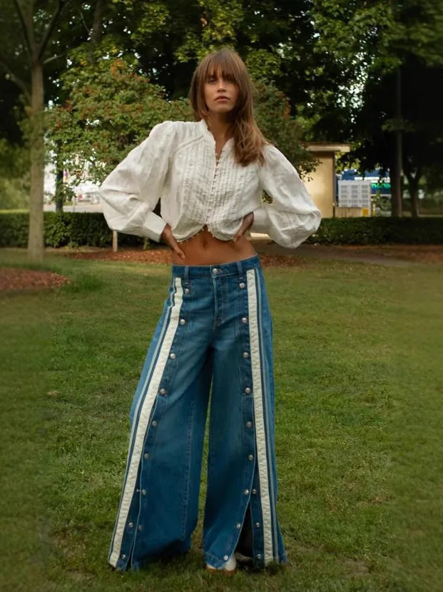 

Джинсы с высокой талией и широкими штанинами, с цветными вставками, в уличном стиле, для женщин, прямого кроя, без стрейча, из полиэстера, осень-зима