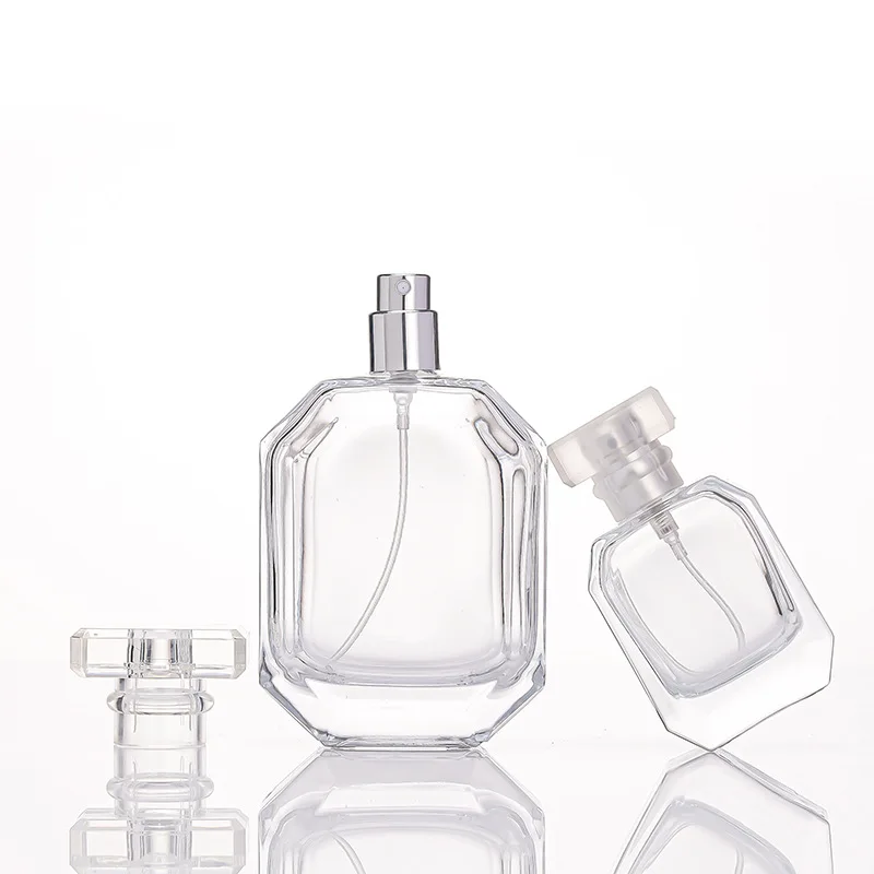 8Pcs Empty Clear Glass Perfume Refillable Bottles Silver Spray Bottle 30/50/100g Crimp Pump Square Thick Bottom Travel Portable