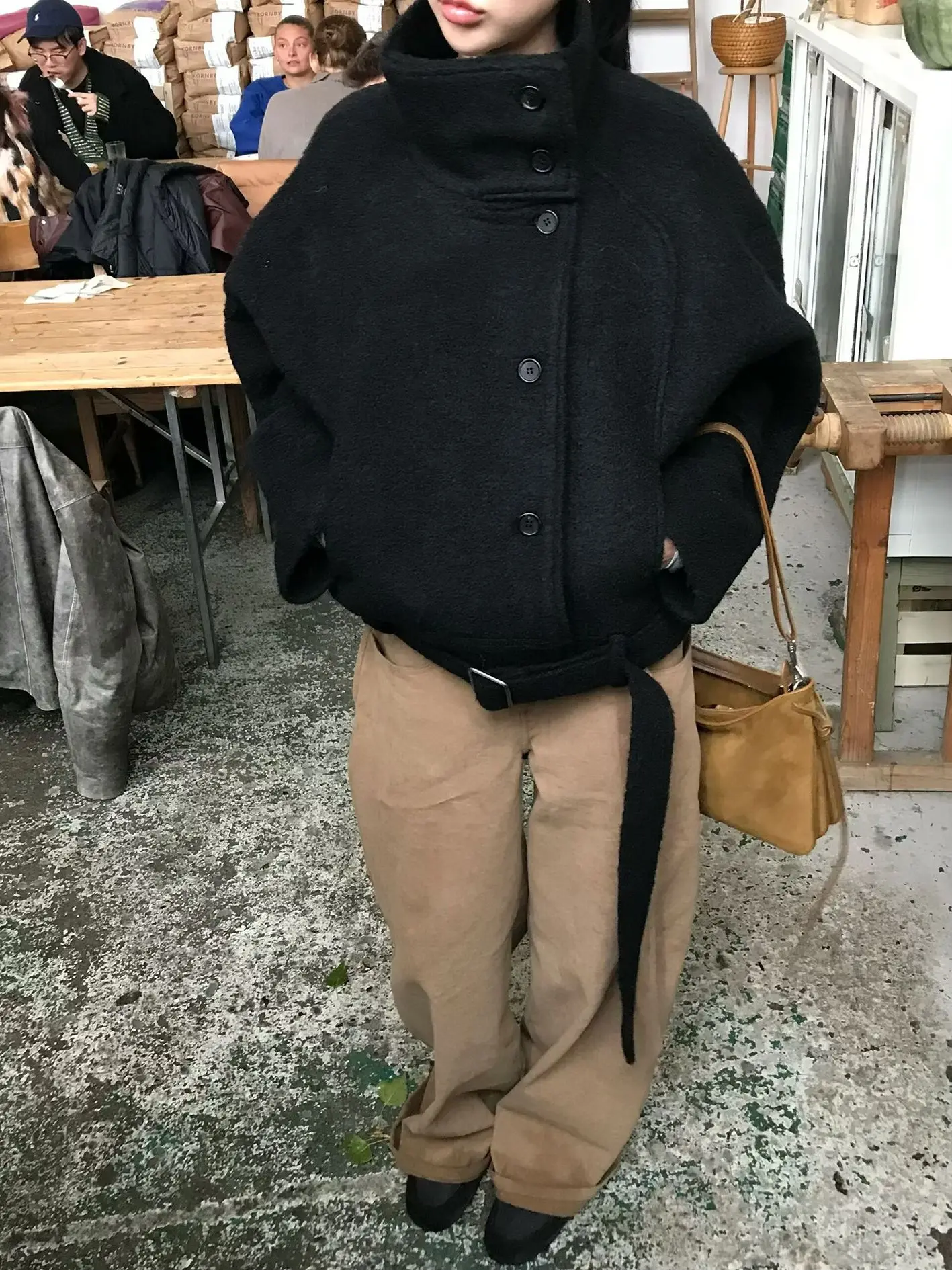 

East Gate ort Woolen Jaet Women's Stand Collar Belted Slimming Vintage Aosphere Tweed Jaet Winter Faion Ladies' Coat