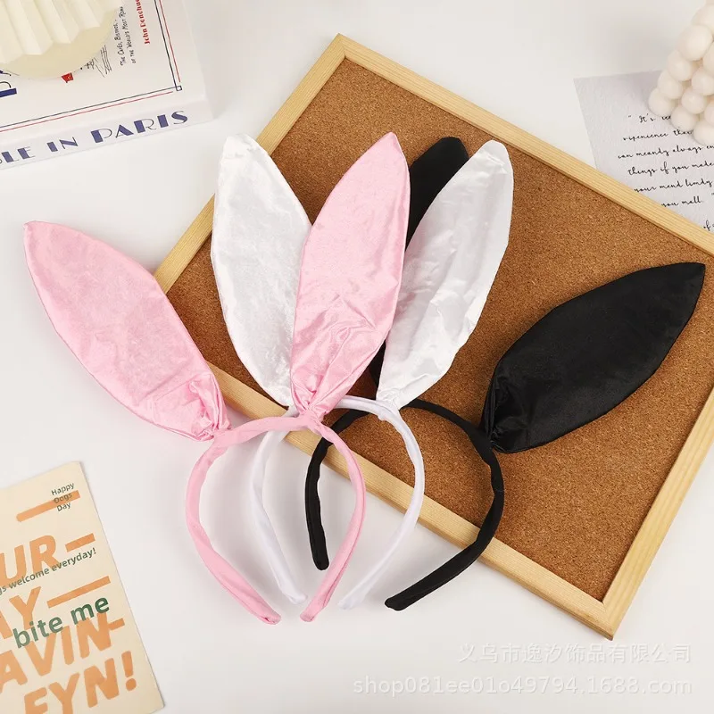 Diadema con orejas de conejo ER y cola, disfraz de conejito de Pascua, diadema larga peluda con orejas de conejo, accesorios para el cabello para disfraz de fiesta