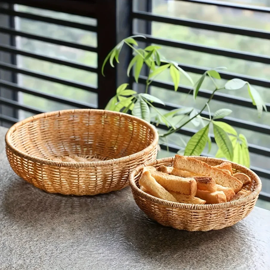 Rattan Handwoven Storage Baskets Table Snack Round Woven Tray Box Fruit Vegetable Food Organization for Living Room Dinner Farm