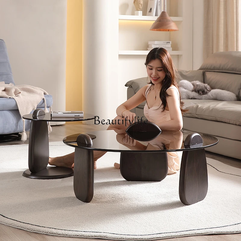 Modern simple size round coffee table combination Italian minimalist brown glass Nordic style tea table