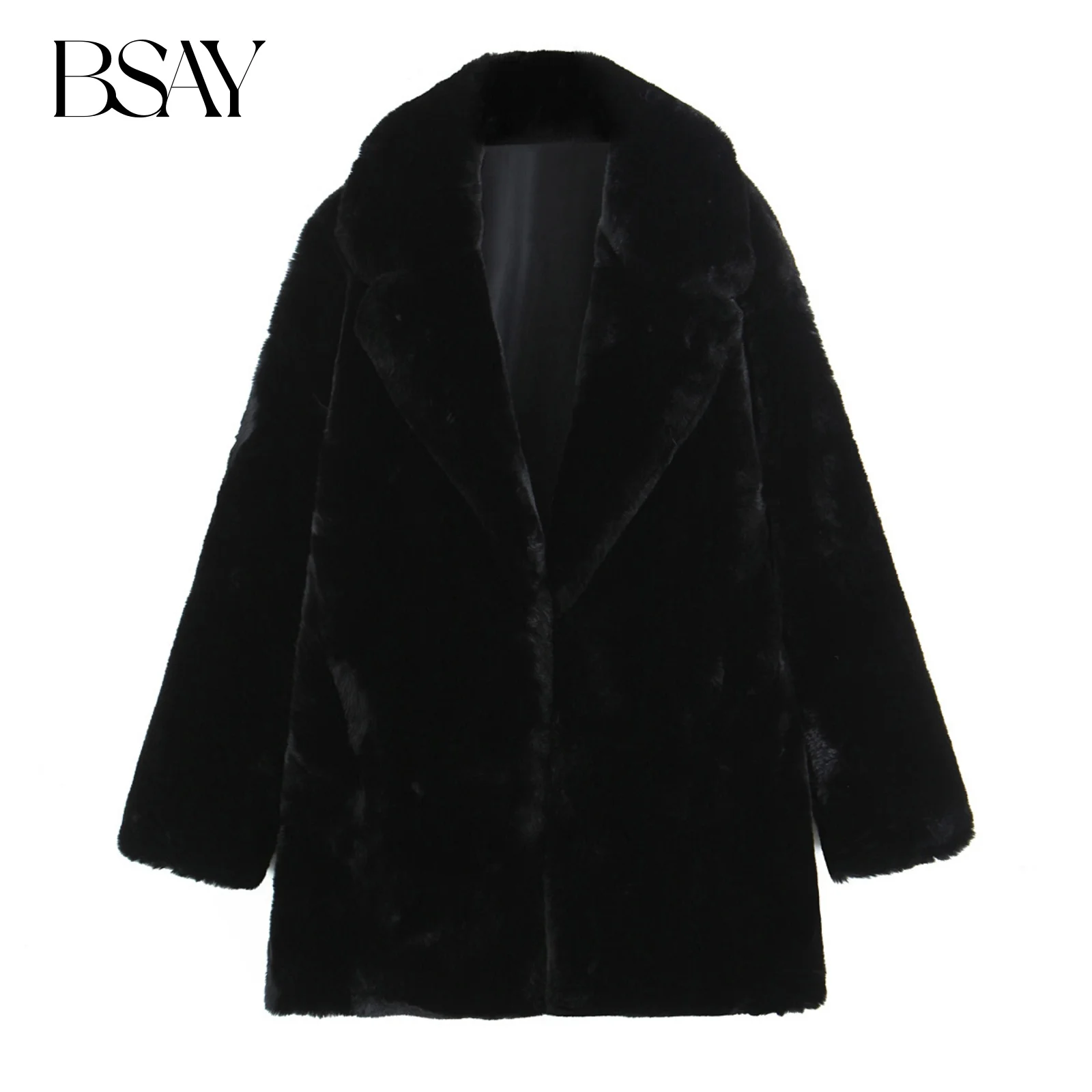 BSAY Artificial Fur Effect Coat for Women Fashion Autumn Winter New Solid Long Sleeved Hidden Button Lapel Coats Jacket Mujer
