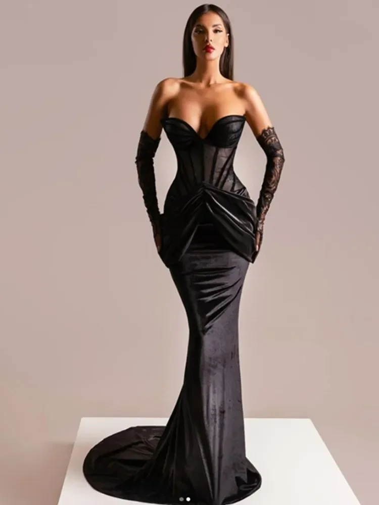 

Women Celebrity Sexy Strapless Lace Black Maxi Long Dress 2024 Elegant Evening Party Dresses Stage Performance Costume