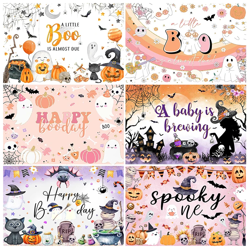 Halloween Cartoon Backdrop for Party Spooky Pumpkin Cake Table Decorations Banner Birth Baby Gender Reveal Studio Photo Props