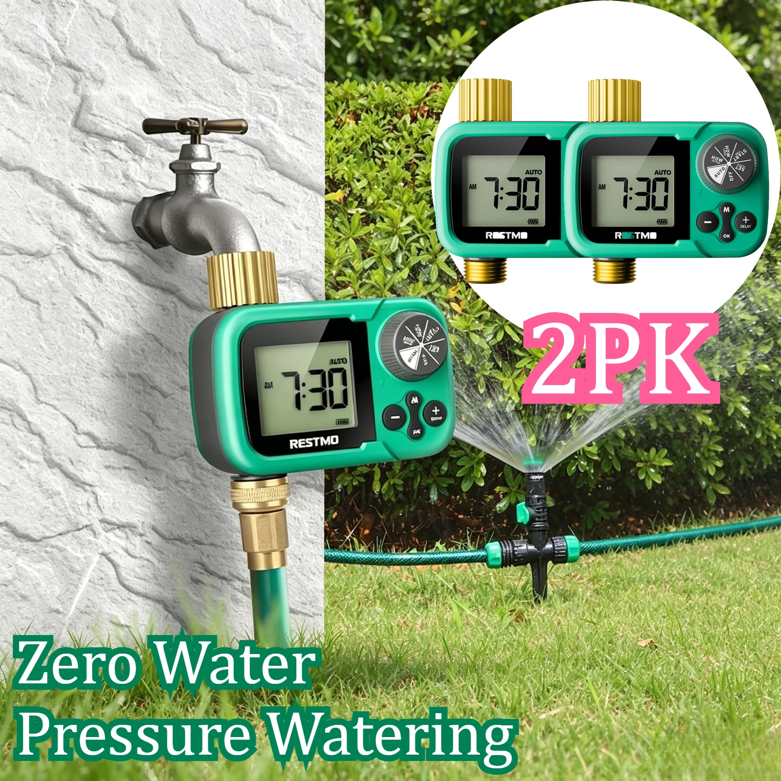 2PK Brass Inlet Outlet Garden Water Timer 3 Modes Smart Garden Irrigation Timer Household Outdoor Water Flow Controller