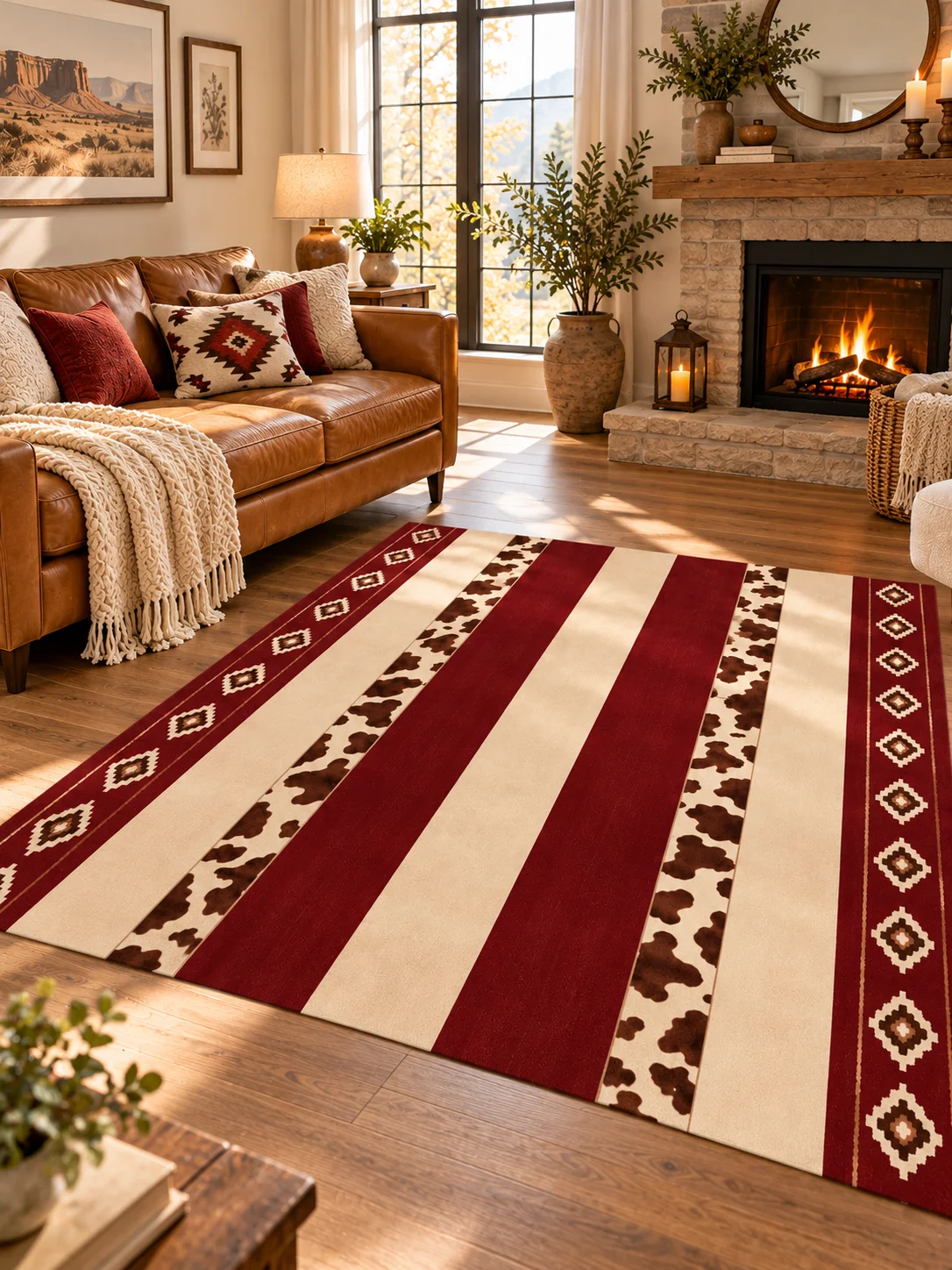 Western Cow Print Area Rug, Burgundy Red and Cream Striped Design with Aztec Geometric Border, Soft Flannel Floor Carpet, Rustic Farmhouse Cowboy Style Decor, Eye Catching Statement Rug for Living Room, Bedroom and Country Home