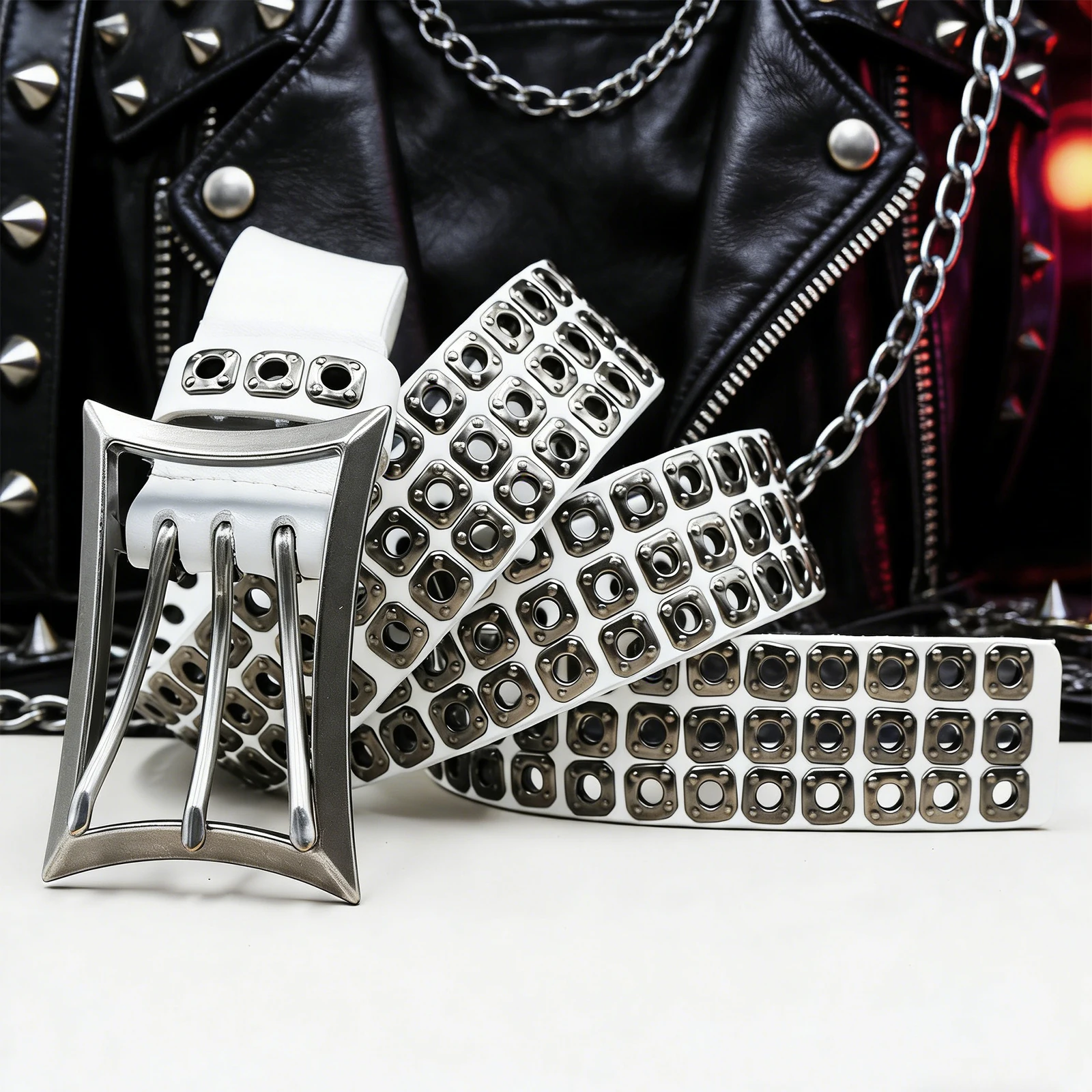 

Прочный кожаный ремень унисекс с тремя пряжками и заклепками в стиле панк-рок, черный, для джинсов