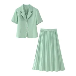 PB&ZA2024 Summer New Product Casual Women's Fashion Solid Color Suit Pleated Short sleeved Top High Waist Half Skirt Set