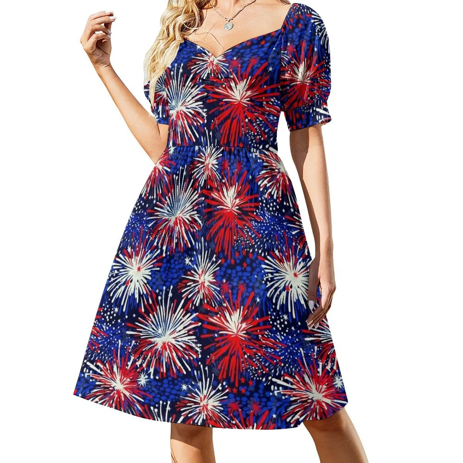 

Red Blue White Firework Pattern Short Sleeved Dress elegant women's sets Women's clothing Dress