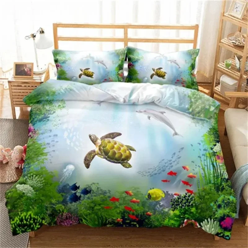 Hot Turtles Bedding Sets Anime Sea Turtles HD Bedspread For Teens Girls Fashion Twin Single Queen King Full Size Duvet Cover