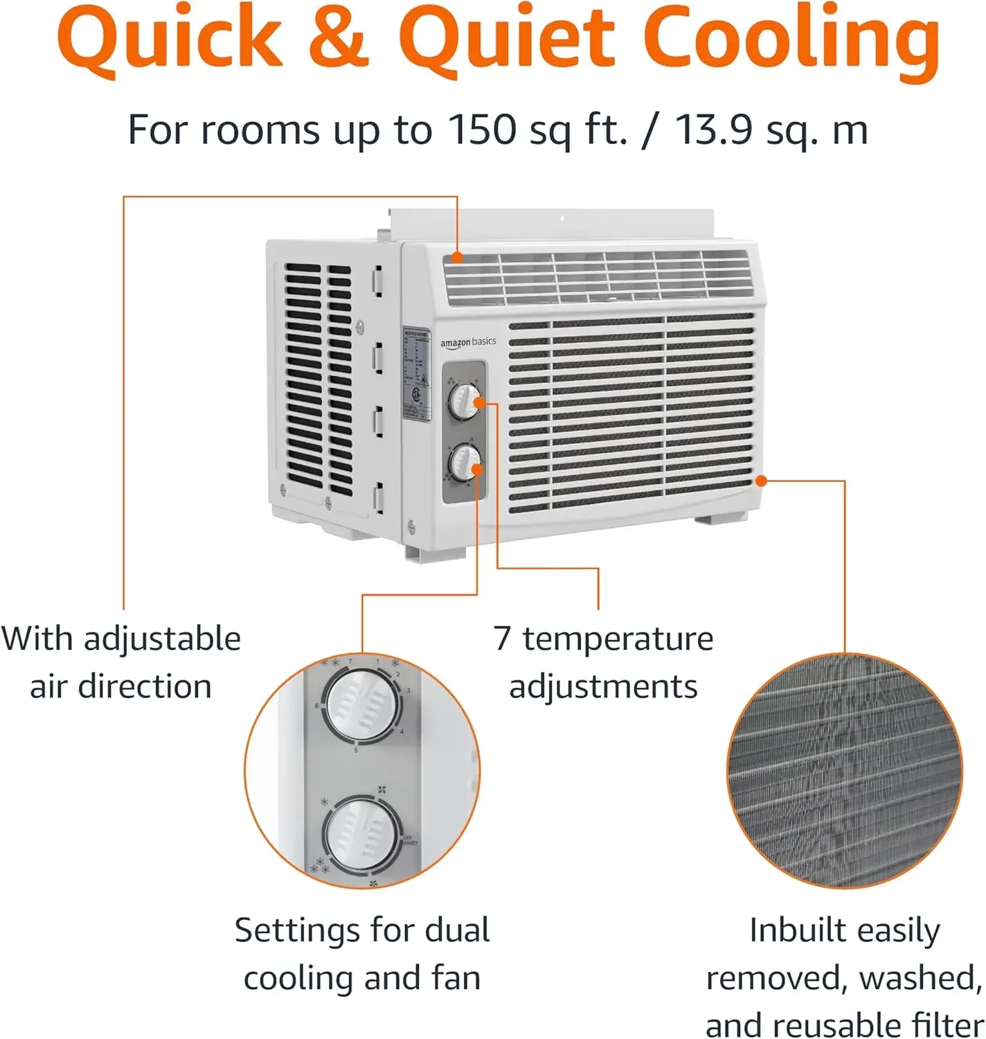 Aire acondicionado de ventana Basics con control mecánico, 5000 BTU, enfría hasta 150 m2. Pie, Unidad de CA blanca