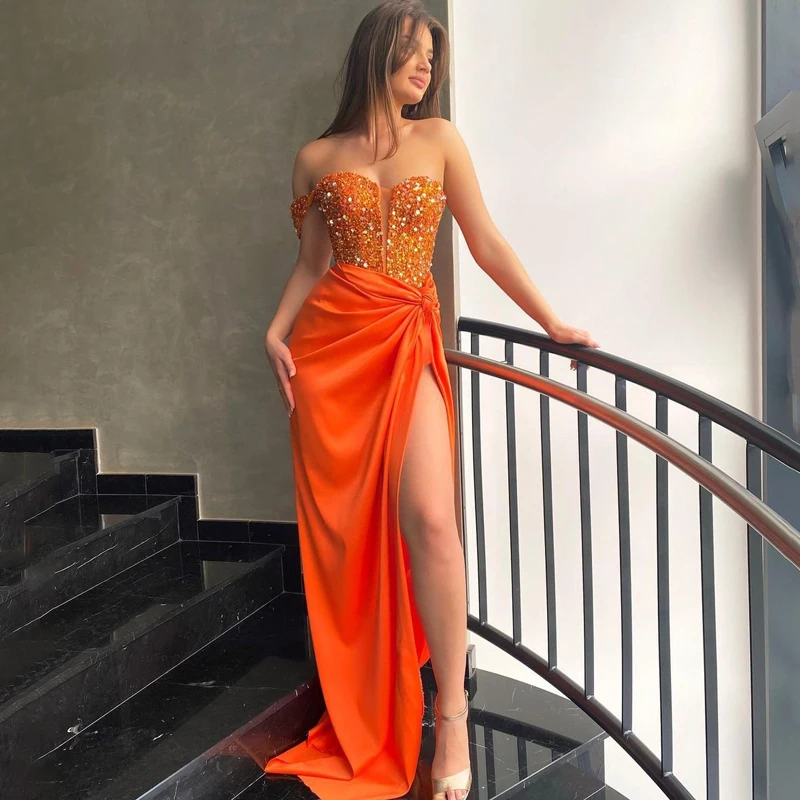 

Sexy Orange Formal Evening Dresses 2023 Sweetheart Glitter Sequin Satin Slit Prom Party Gowns Vestidos Fiesta Robe De Soirée