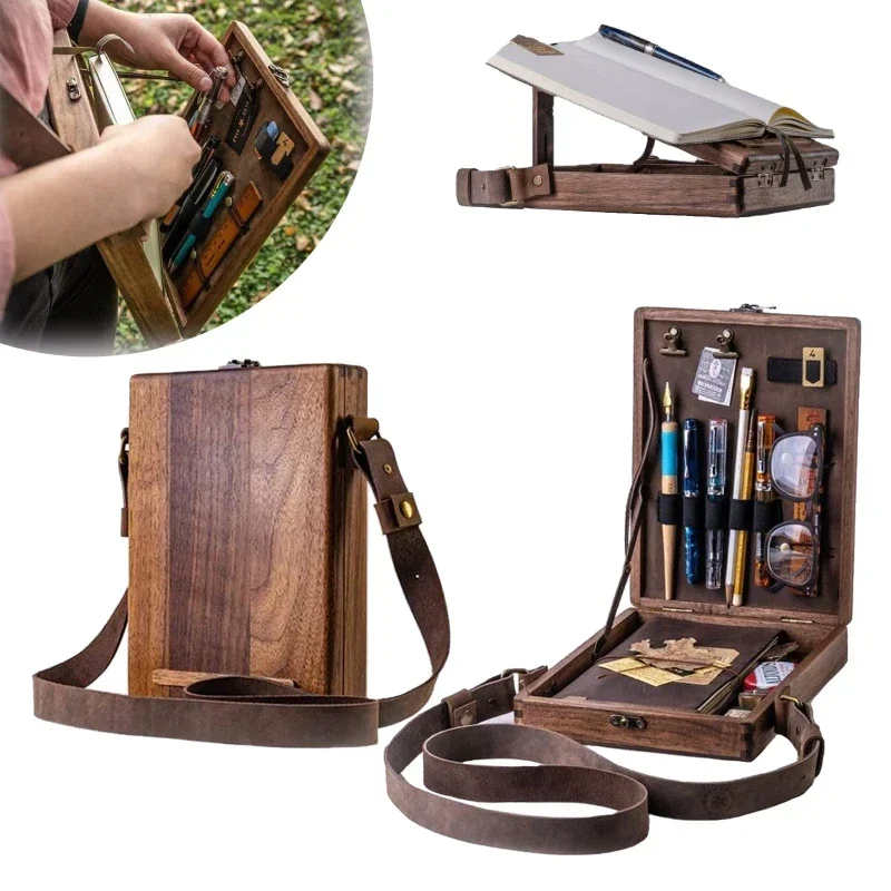 

Writers Messenger Wood Box,Multi-Function Artist Tool and Brush Storage Box,Retro Wooden Handmade Portable Crossbody Postman Bag