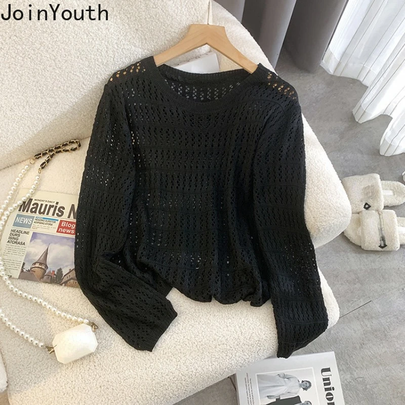 Sueter Mujer Fashion Sweaters Tops Women\'s Clothing Long Sleeve O-neck Jumper Casual Knitted Hollow Out Summer Cropped Pullovers