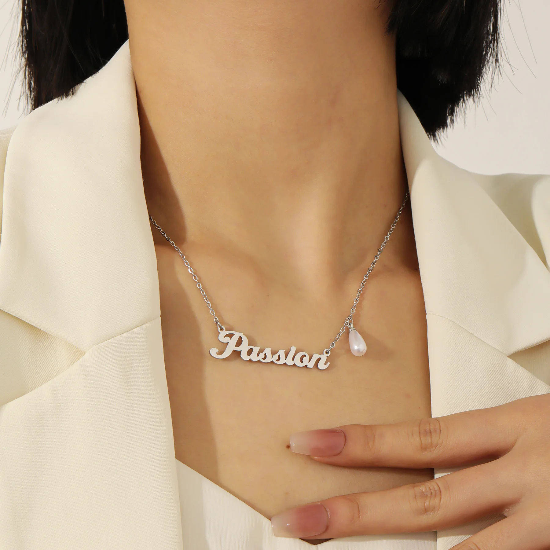 

Personalized Name Necklace Pearl Pendant Laser Cut Jewelry Dainty Gift for Her Mom Best Friend 18K Gold Plated Steel