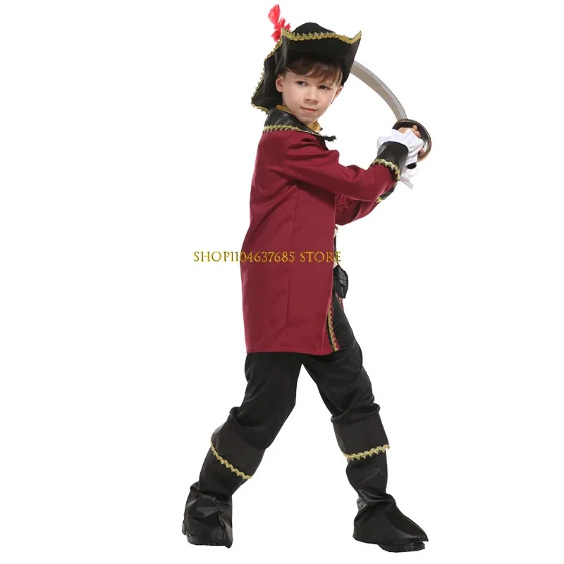 Navy Captain Pirate Costume Kids Boys Cosplay Suit Halloween Stage Performance Role Play Clothes with Hat