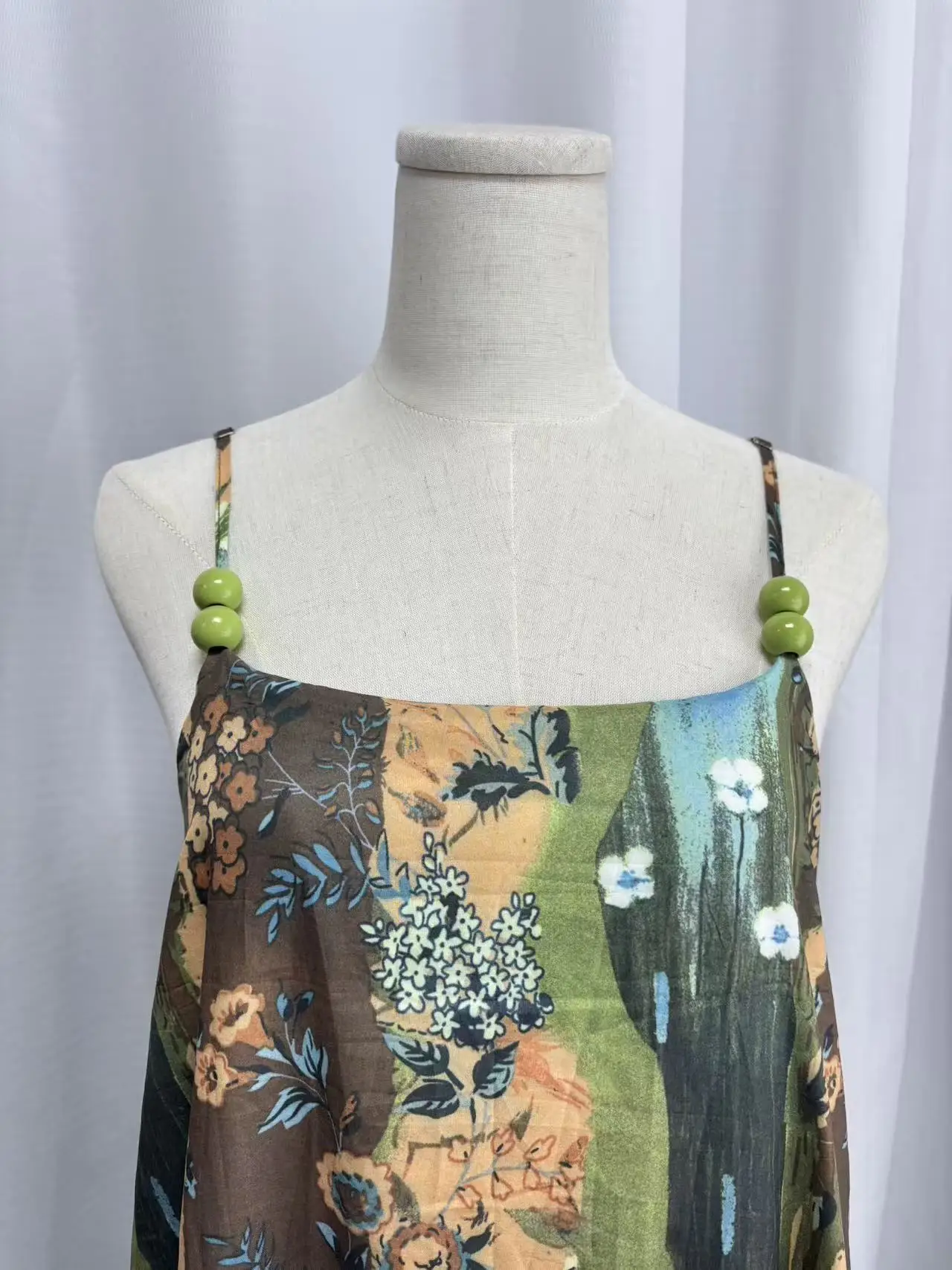 リアルショット レディース オリジナル植物モチーフ油絵プリント ストラップキャミドレス オズの魔法使い風 バケーションビーチドレス 夏向け