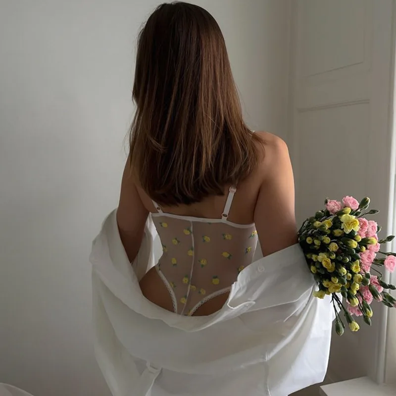 Apprabant Sexy Y2k Lace Mesh Spliced Bodysuits See Through Printed Spicy Girl Sleeveless Backless Tight Fit Suspender Top