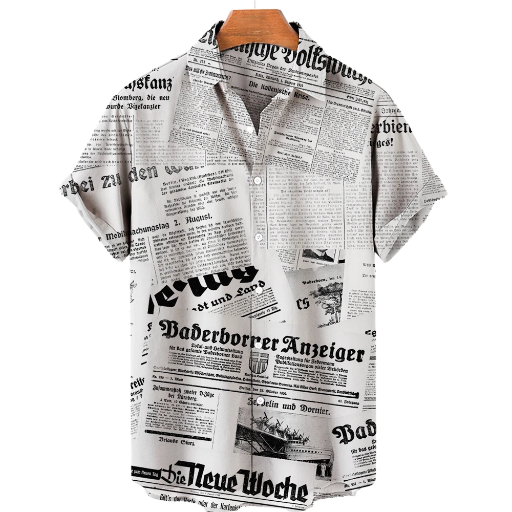 News Papers Graphic Shirts for Men Clothing 3D Printing Hawaiian Beach Shirts Short Sleeve y2k Tops Vintage Clothes Lapel Blouse