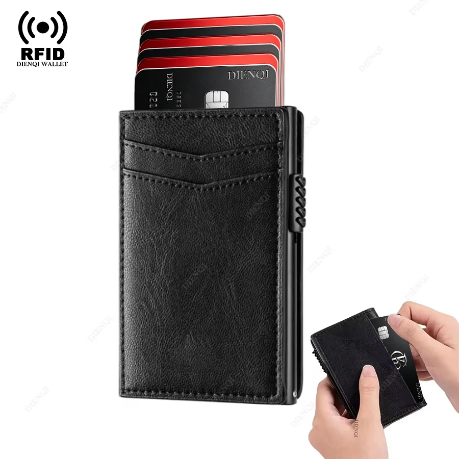 Automatic Pop Up Rfid Wallet PU Leather Credit Card Holder Black Slim Bank Credit Cardholder Metal Case Bifold Wallets for Men