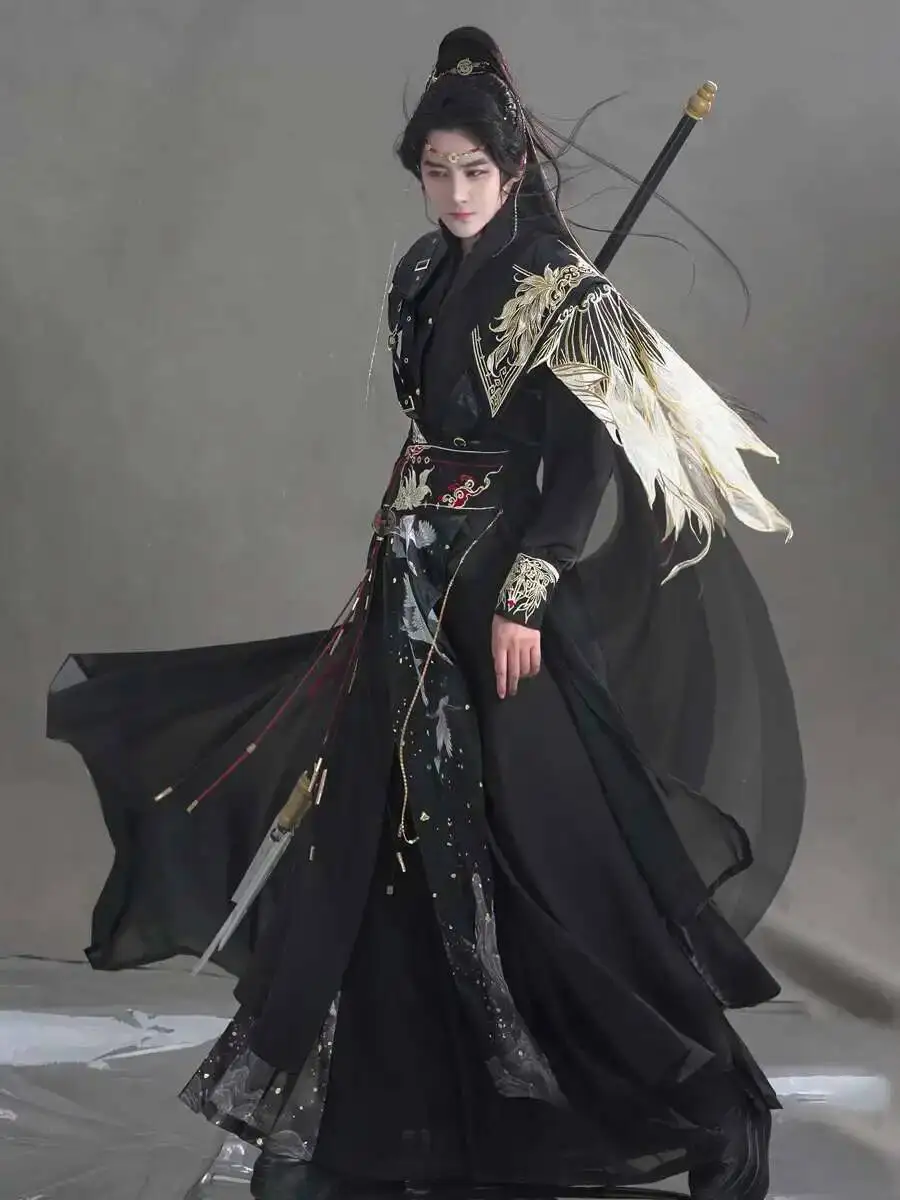 

New Fiesta Carnival Costume Halloween Dark Bird Cloak Black Gold Guofeng Chinese Style Han Elements Suit Young Hero Cos Cosplay