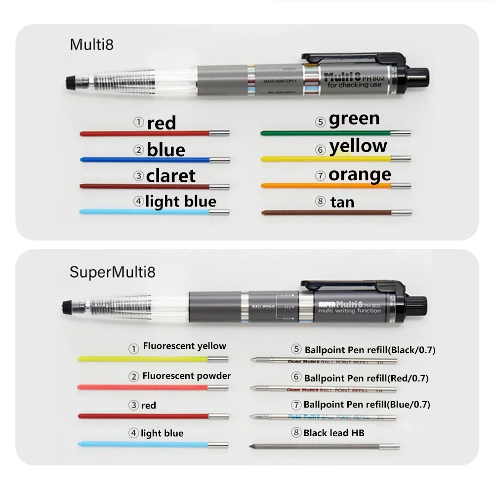Japan Pentel PH803ST/PH802ST Multi+8 Mechanical Pencil 2.0mm Knock Type Colered Pencils Ballpoint Pen Refill 0.7mm School