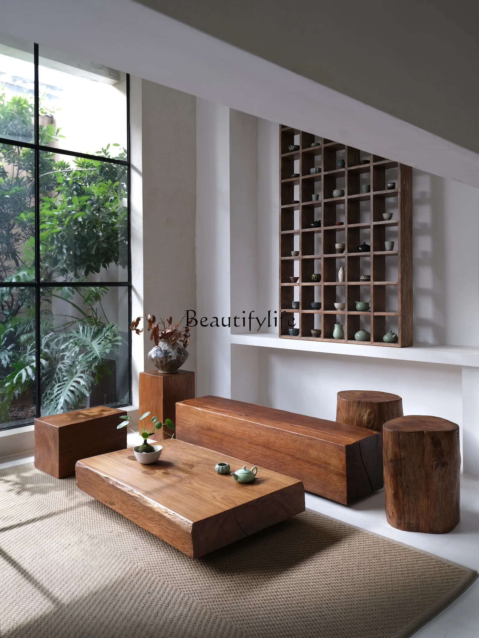 yj7 Solid wood coffee table Japanese-style wabi-sabi wind wooden pier medieval old teak color short table