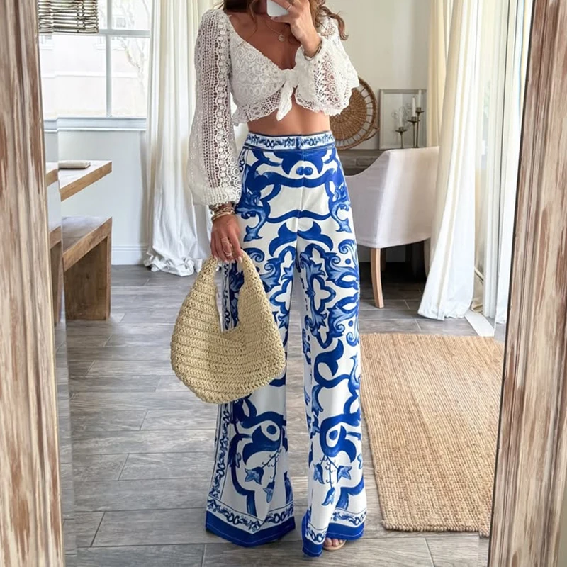 Elegant Celadon Positioning Printed Long Pants Fashion High Waist Draped Straight Pants 2025 Women Casual Wide Legger Trousers