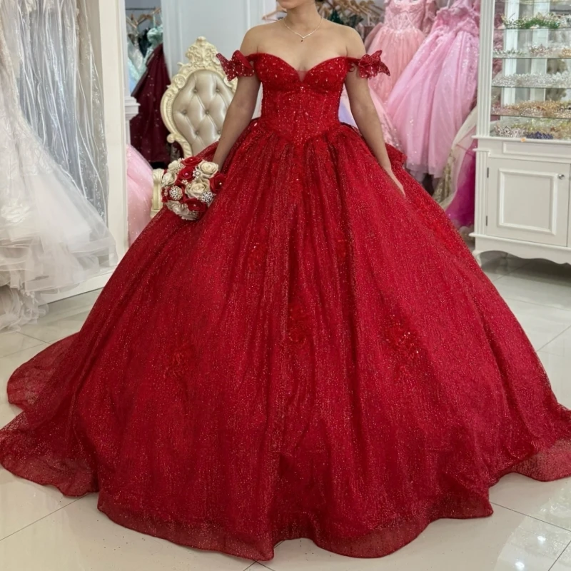 Rode Glanzende Quinceanera Jurken Uit De Schouder Pailletten Applique Kralen Boog Tule Baljurk Vestidos De 15 Anos Sweet 16 Jurk
