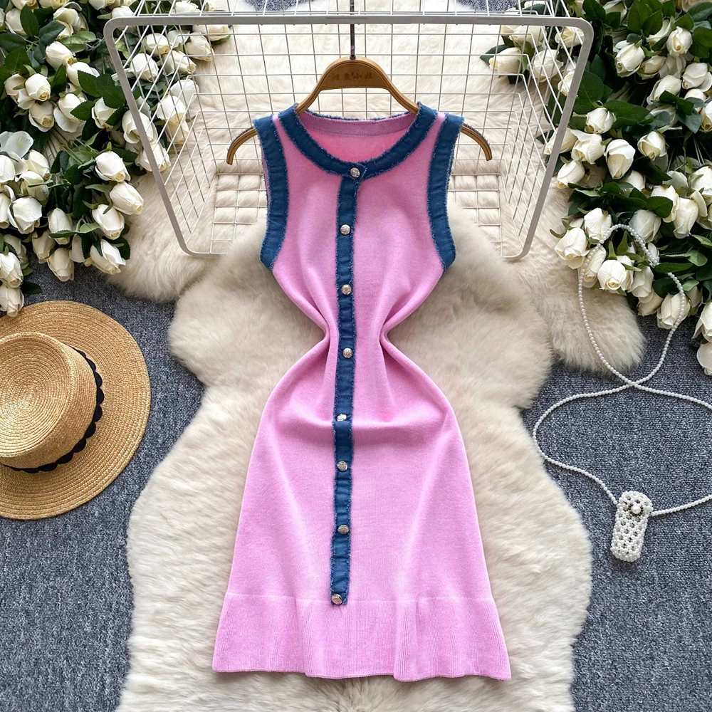 YuooMuoo Chic Fashion Sexy Package Hips Knitted Mini Dress 2025 Summer Vintage Denim Patchwork Ruffled Party Dress Streetwear