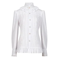 Fashion Women Vintage Victorian Shirts And Blouse Solid White Gothic Stand Collar Lace Lolita Lotus Ruffle Tops Female Shirt