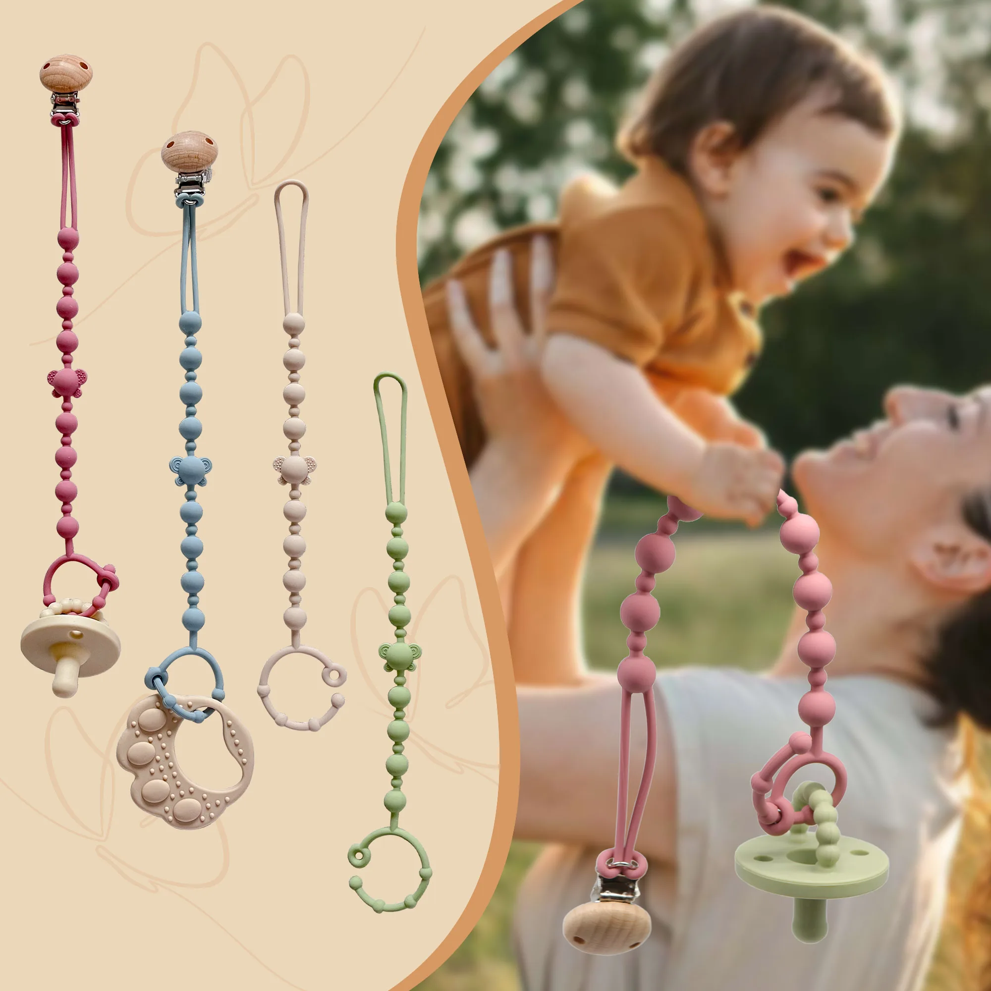 

Набор из 4 регулируемых цепочек для сосок, ремешков для детских игрушек, аксессуаров для колясок, мягких силиконовых держателей для сосок, предметов первой необходимости для малышей