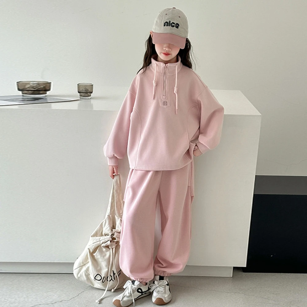 

Весенне-осенний детский спортивный костюм для подростков, детский спортивный костюм для девочек, воротник на молнии, толстовки с завязками по краю + повседневные спортивные штаны, 2 шт.