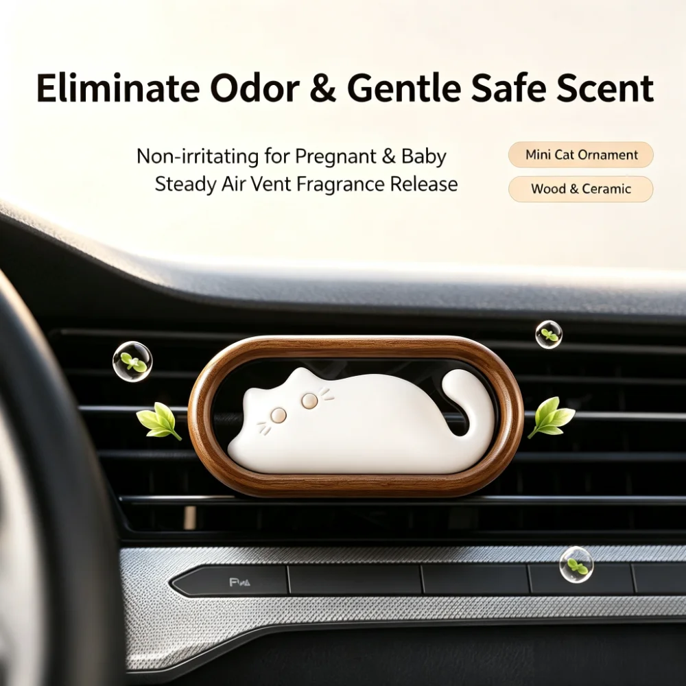 Unique Cat Shaped Car Vent Air Freshener, Mild Fragrance, Long-lasting Deodorizing Wood Ceramic, Car Diffusion, Cute Car Interio