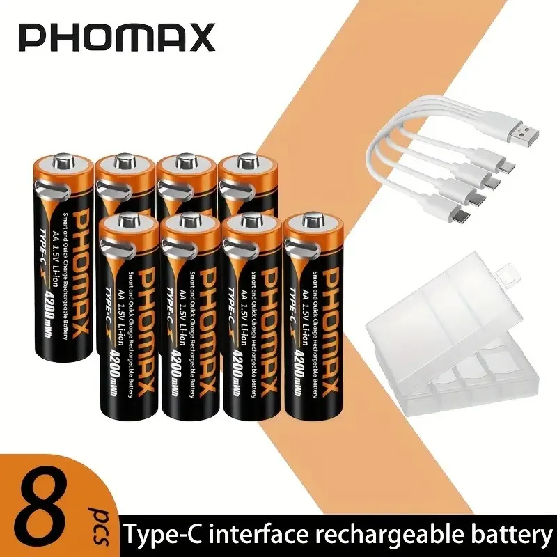 

PHOMAX USB C AA Rechargeable Li-Ion Batteries 1.5V 4200mWh with Fast Type-C Cable free for Remote Control Mouse Electric Toy