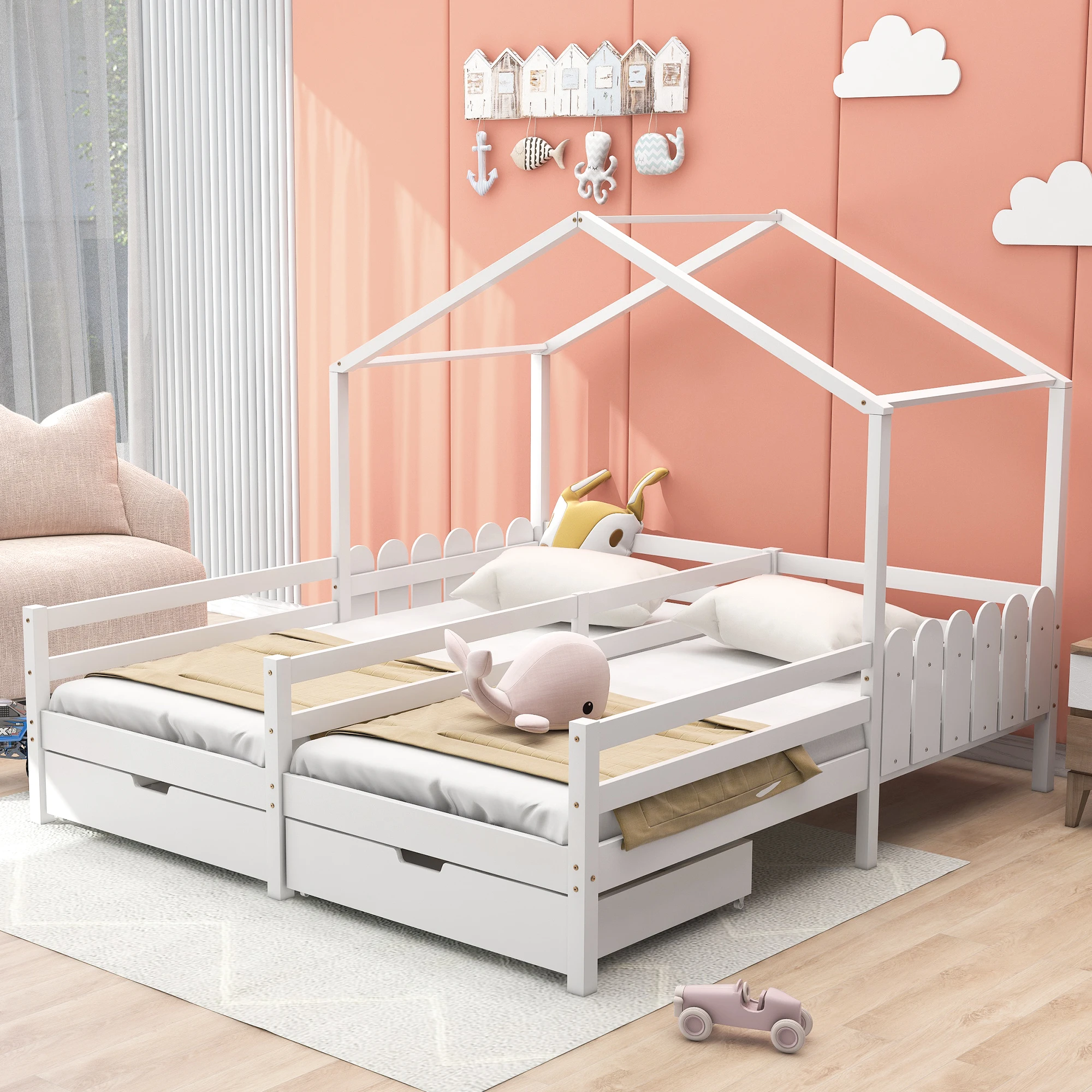 House bed, double bed, children's bed, mesh bed with 2 MDF drawers, drawers on rollers, Pine slatted frame, White (200x90cm)