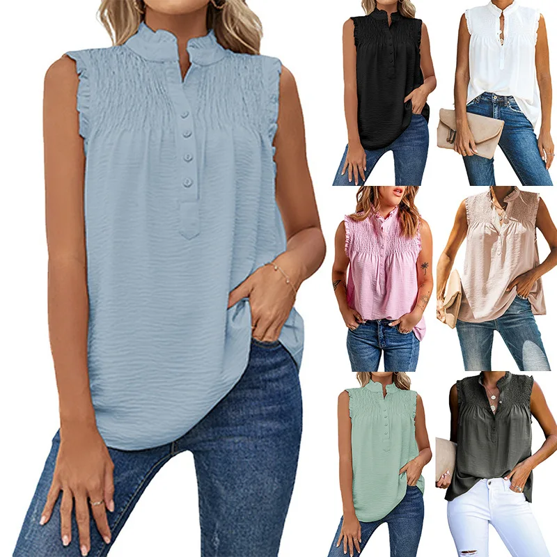 

High Ne Button Frill Loose Casual Top Svel Cotton Vest Faionable Ele Sle Women's T-irt