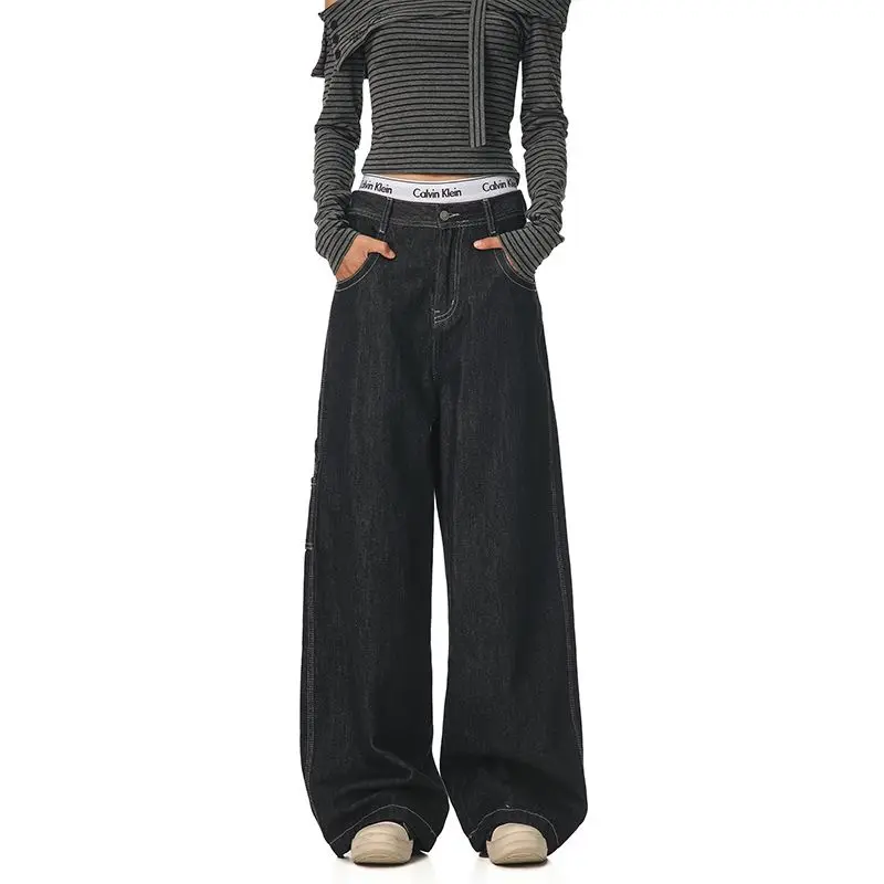 

Chic Autumn Winter Vintage High Waist Embroidery Design Versatile Cargo Jeans Straight Wide Leg Biker Pants Women's Y2k Clothing