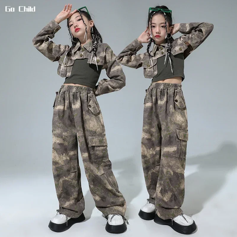 Girls Hip Hop Camouflage Cropped Jacket Cargo Pants Street Dance Clothes Set Kids Jazz Military Joggers Costume Child Streetwear