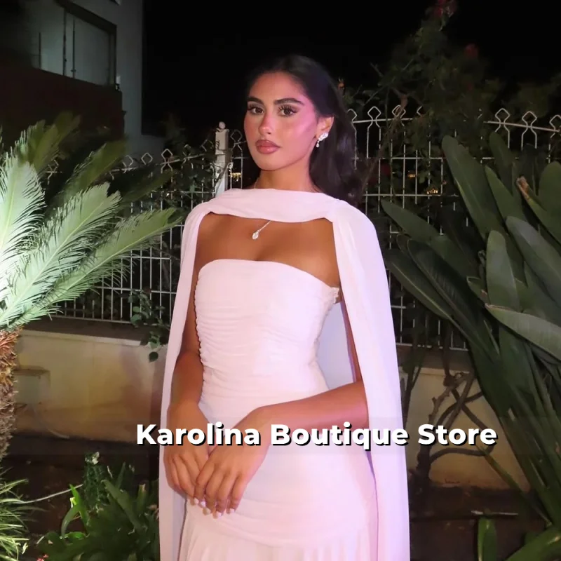 

Simple Pink Chiffon Evening Dress Strapless A Line Scarf Formal Occasion Dress Elegant Saudi Arabia Prom Gown Customized