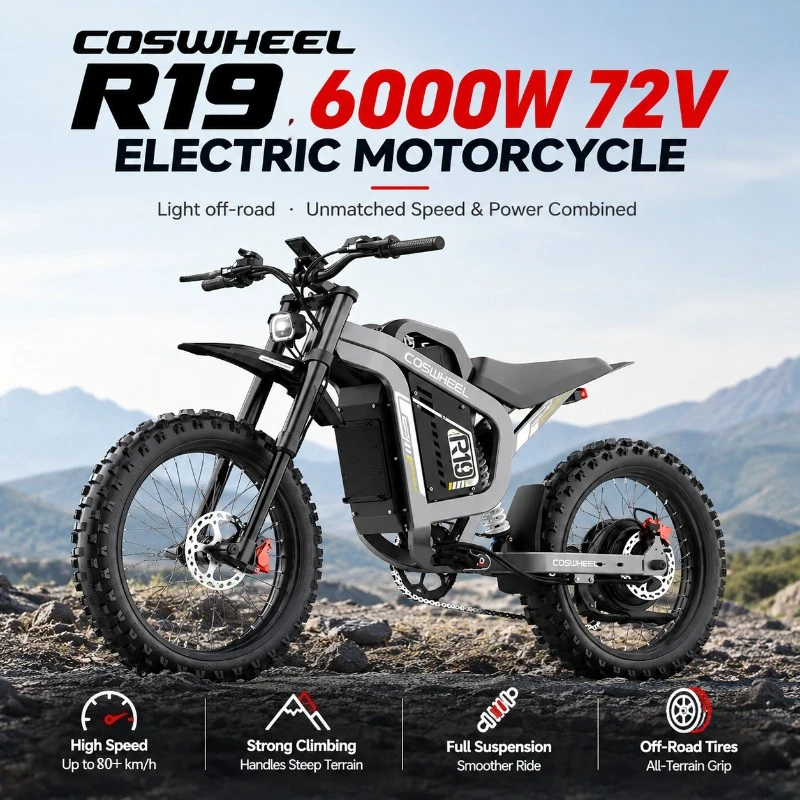 COSWHEEL R19 Moto da Cross Elettrica 6000W 72V 40AH 80KM/H Crossmoter Elettrico Pneumatici Fuoristrada Mountain Ebike con Freni Idraulici
